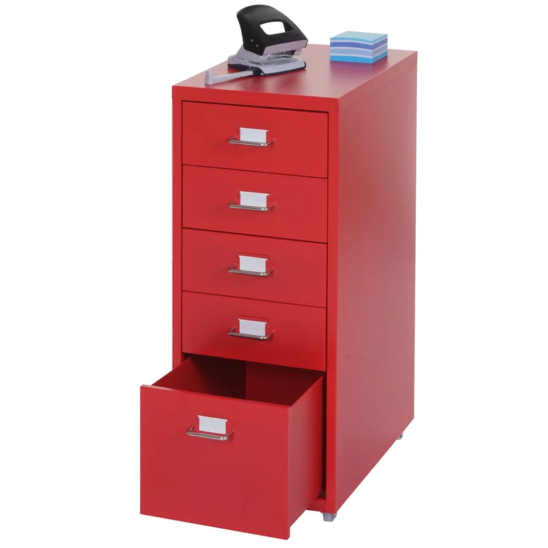 Caisson à tiroirs sur roulettes porte-étiquette 69x28x41cm 5 tiroirs en acier rouge 04_0004360