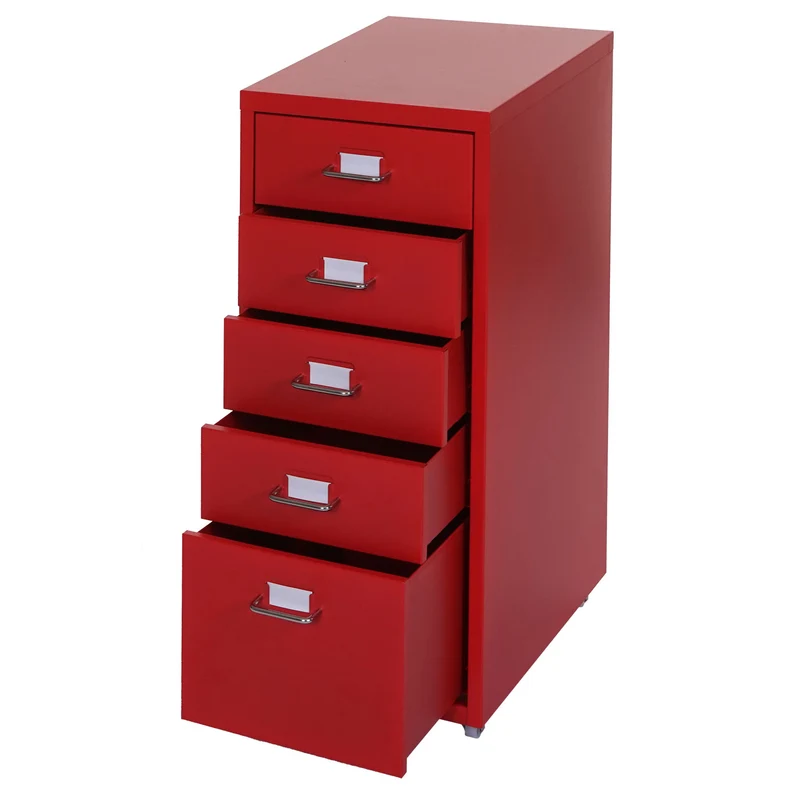 Caisson à tiroirs sur roulettes porte-étiquette 69x28x41cm 5 tiroirs en acier rouge 04_0004360