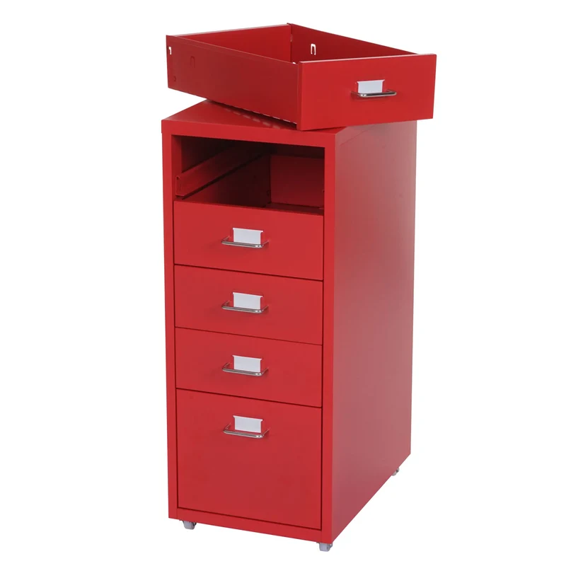 Caisson à tiroirs sur roulettes porte-étiquette 69x28x41cm 5 tiroirs en acier rouge 04_0004360