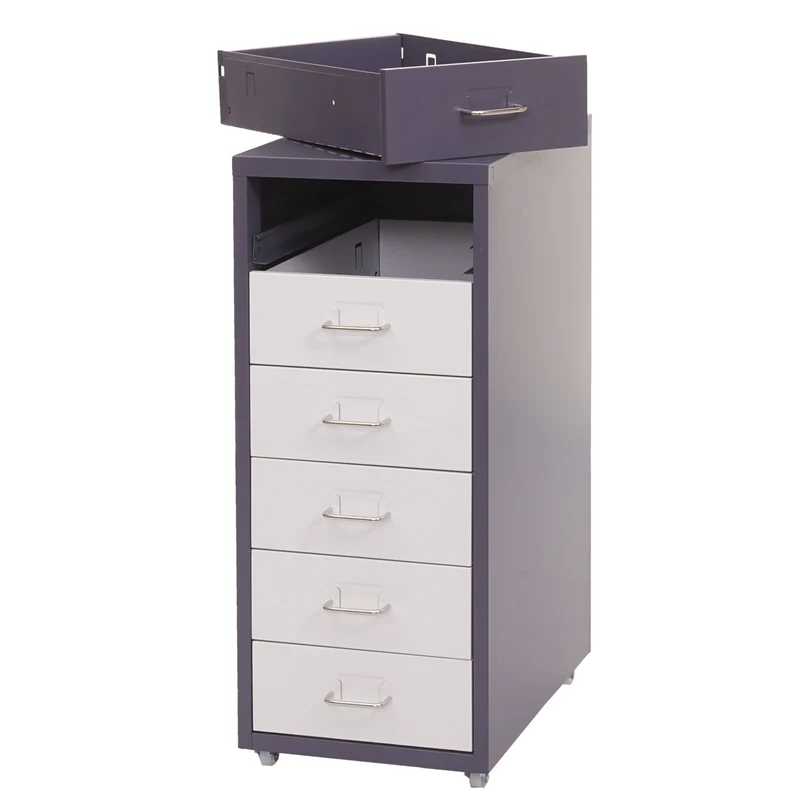 Caisson à tiroirs sur roulettes rangement bureau 6 tiroirs 69x28x41cm en acier gris foncé blanc noir gris foncé 04_0004355