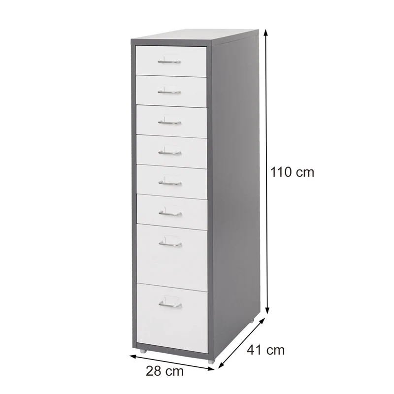 Caisson à tiroirs sur roulettes rangement bureau 8 tiroirs 110x28x41cm en acier gris foncé blanc-noir gris foncé 04_0004359