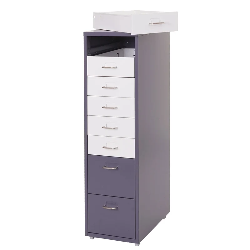 Caisson à tiroirs sur roulettes rangement bureau 8 tiroirs 110x28x41cm en acier gris foncé blanc-noir gris foncé 04_0004359