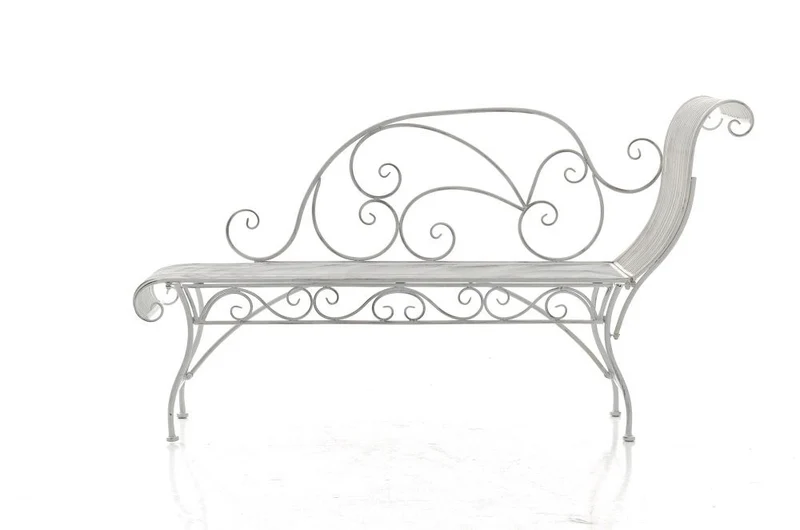 Banc de jardin banquette design en fer forgé blanc vieilli dossier côté droit 156x46 cm MDJ10190