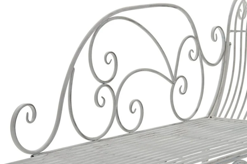 Banc de jardin banquette design en fer forgé blanc vieilli dossier côté droit 156x46 cm MDJ10190