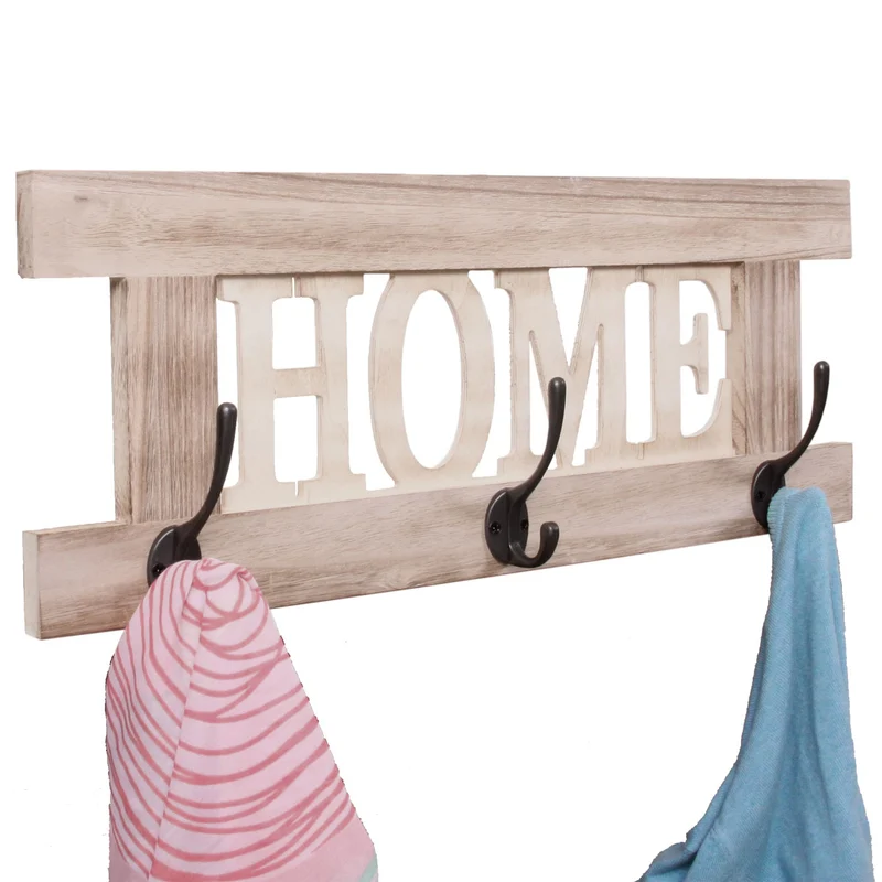 Porte manteau mural Home avec 3 crochets look shabby vintage 55x21cm marron clair 04_0000969