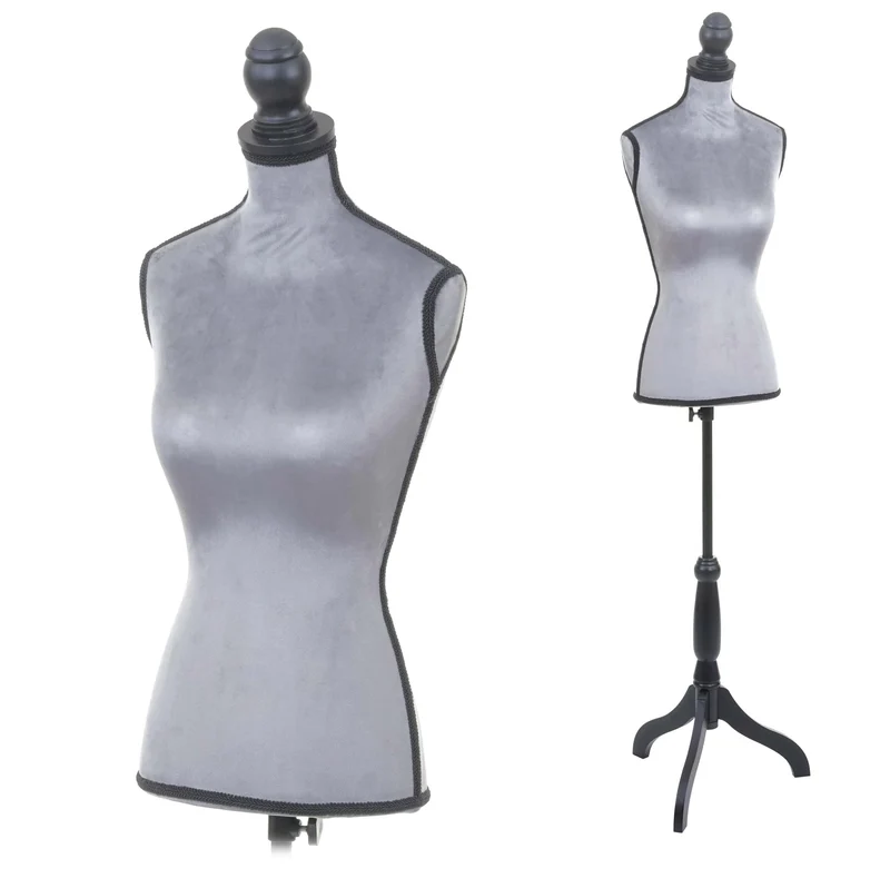 Buste de couture féminin sur pieds hauteur régable mannequin femme déco vitrine gris velours 04_0004289