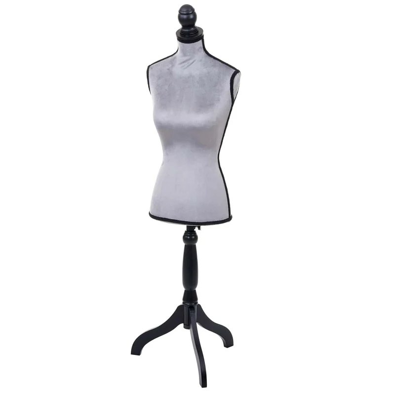 Buste de couture féminin sur pieds hauteur régable mannequin femme déco vitrine gris velours 04_0004289