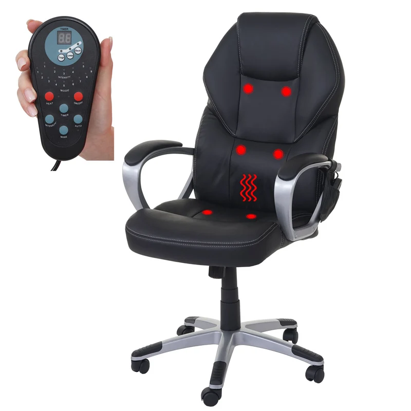 Fauteuil de bureau sur roulettes avec fonction massage chauffage pivotante en synthétique noir 04_0001781