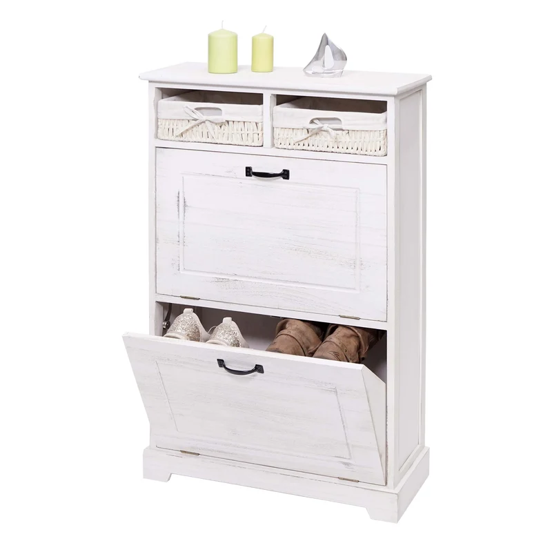 Meuble à chaussures étagère à chaussures avec paniers de rangement en bois massif aspect vintage 100x60x24cm blanc 04_0002449