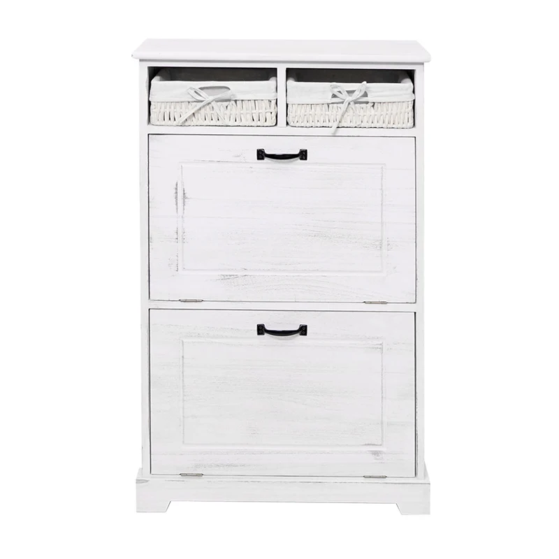 Meuble à chaussures étagère à chaussures avec paniers de rangement en bois massif aspect vintage 100x60x24cm blanc 04_0002449