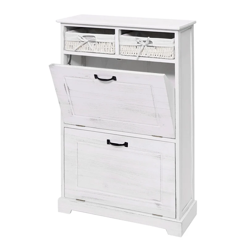 Meuble à chaussures étagère à chaussures avec paniers de rangement en bois massif aspect vintage 100x60x24cm blanc 04_0002449