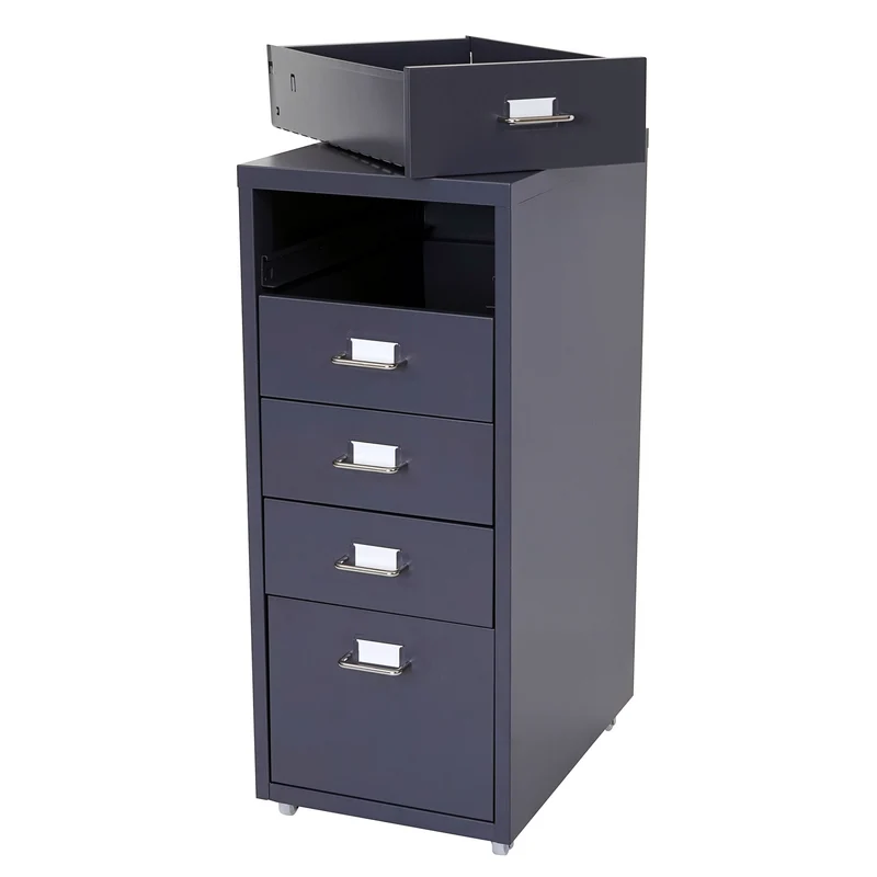Caisson à tiroirs meuble de rangement bureau sur roulettes 69x28x41cm 5 tiroirs acier gris foncé 04_0004358