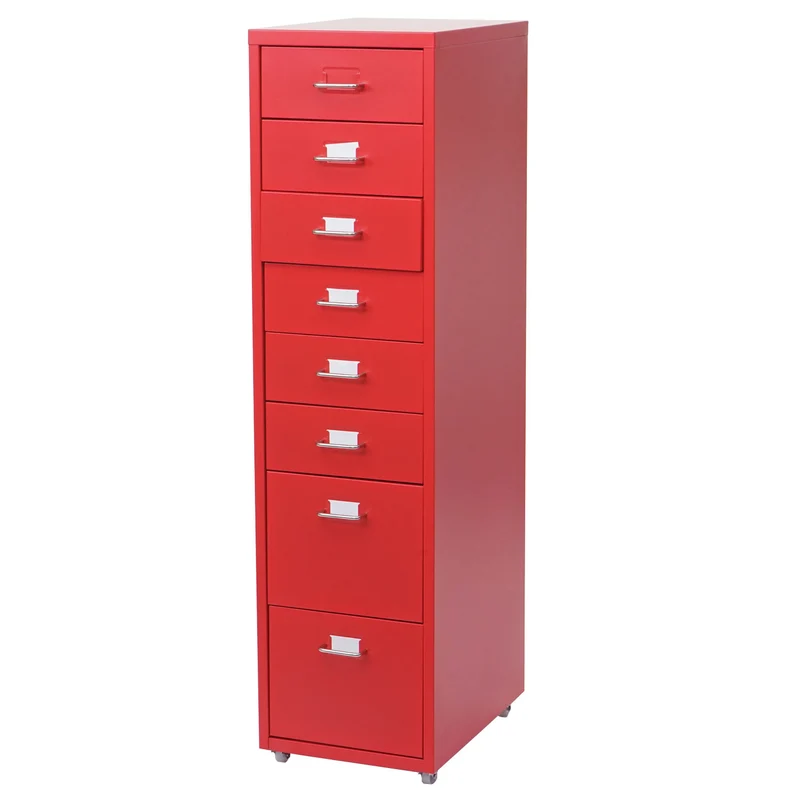 Caisson à tiroirs sur roulettes rangement bureau 8 tiroirs 110x28x41cm en acier rouge 04_0004356