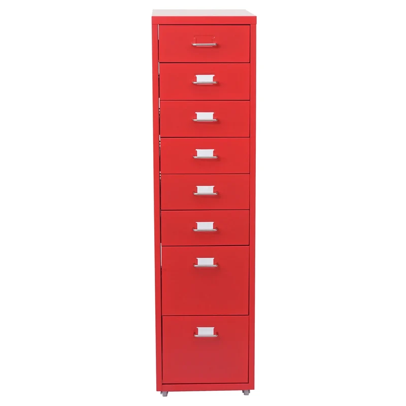 Caisson à tiroirs sur roulettes rangement bureau 8 tiroirs 110x28x41cm en acier rouge 04_0004356