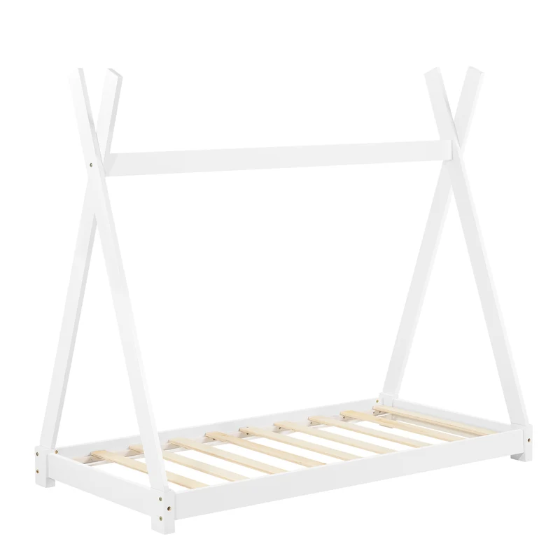 Lit tipi pour enfant avec matelas et sommier à lattes bois de pin blanc 80x160 cm 03_0002646