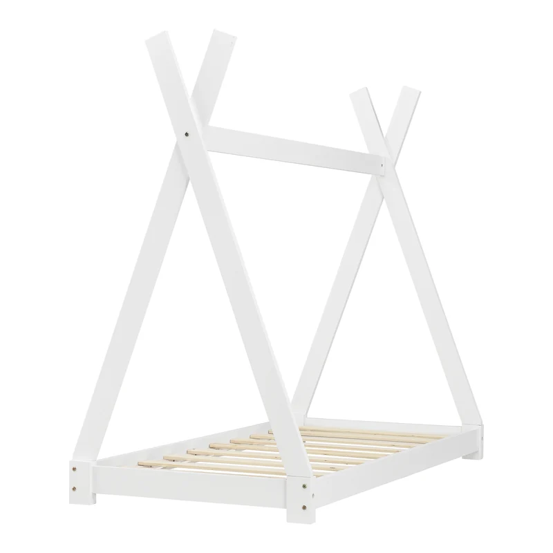 Lit tipi pour enfant avec matelas et sommier à lattes bois de pin blanc 80x160 cm 03_0002646