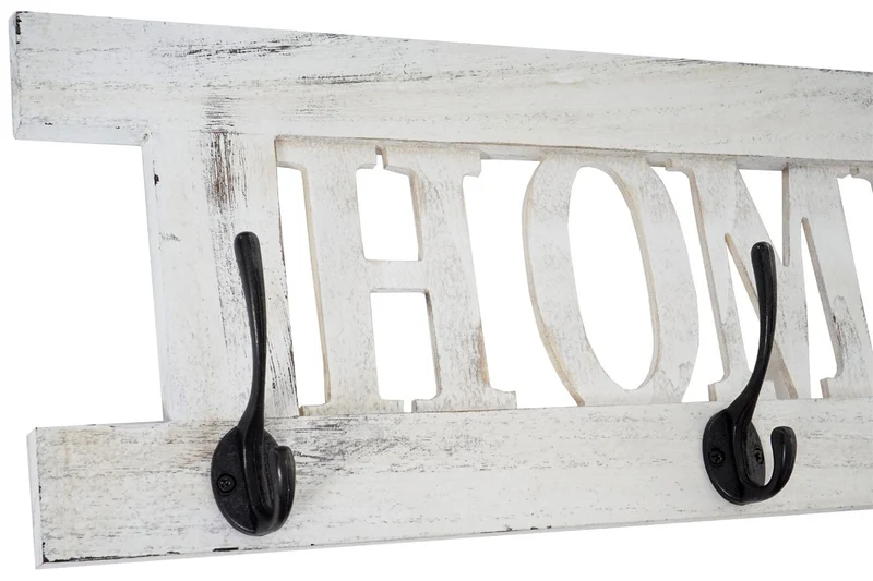 Porte-manteau mural patère en bois blanc vintage avec 3 crochets 20x55cm MED04052