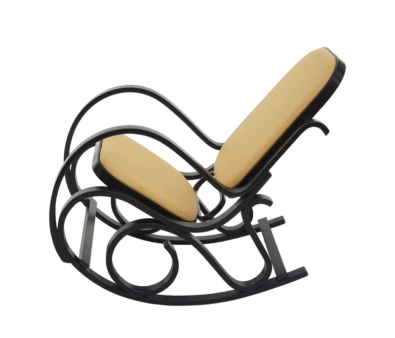 Fauteuil à bascule rocking chair en bois foncé assise en tissu jaune FAB04030