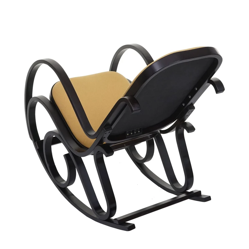 Fauteuil à bascule rocking chair en bois foncé assise en tissu jaune FAB04030