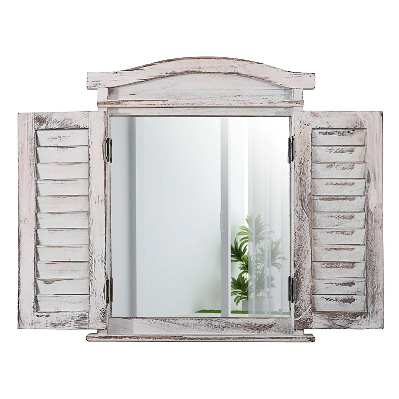 Miroir mural forme fenêtre avec volets 53x42x5cm en bois blanc vieilli 04_0005485