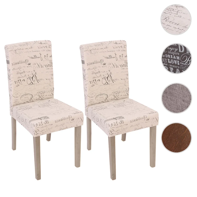 Lot de 2 chaises de salle à manger cuisine en tissu crème motif écriture des pieds en bois clair 04_0000429