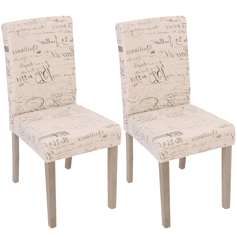 Lot de 2 chaises de salle à manger cuisine en tissu crème motif écriture des pieds en bois clair 04_0000429