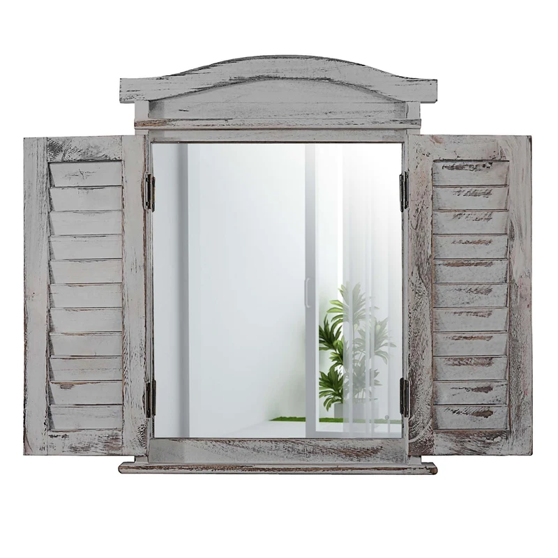 Miroir mural forme fenêtre avec volets 53x42x5cm en bois gris vieilli 04_0005486