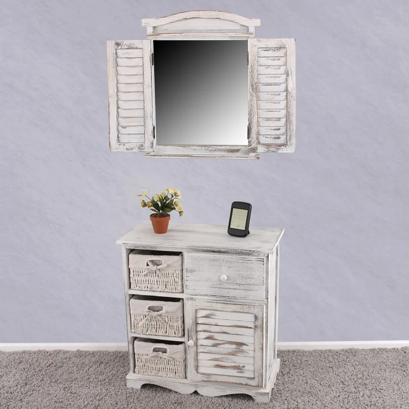 Miroir mural forme fenêtre avec volets 53x42x5cm en bois gris vieilli 04_0005486