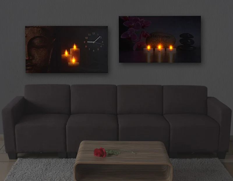 Ensemble de 2 tableaux LED tableau lumineux sur toile tableau mural minuterie Bouddha/Harmonie horloge murale 70x40cm 04_0000454