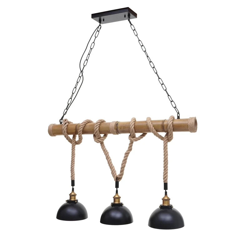 Suspension Lampe lustres style industrielle vintage bambou corde métal noir 3x abat-jour dôme 04_0003598