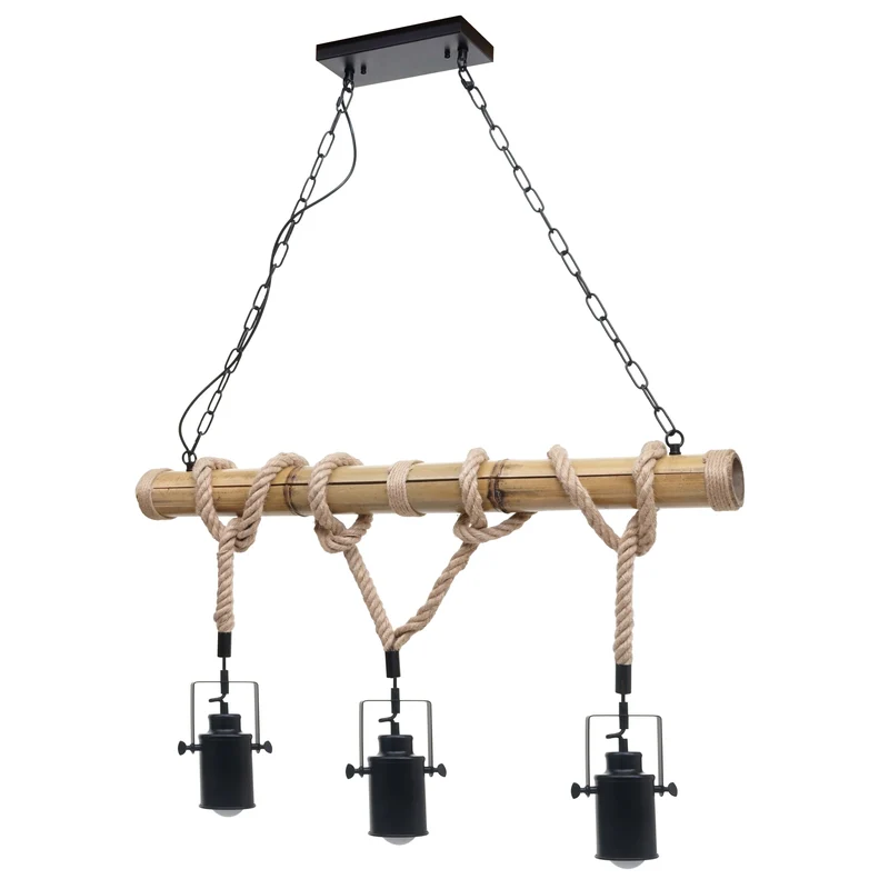 Lampe à suspension lustre corde de bambou vintage industrielle métal noir 3x abat-jour spot 04_0004047
