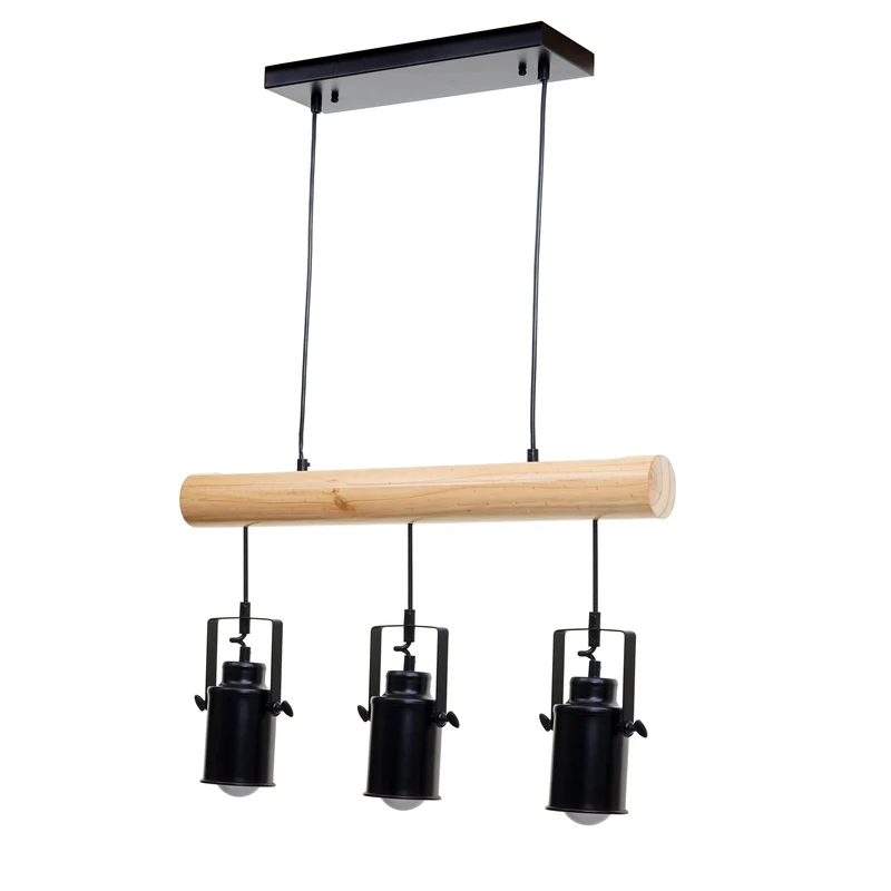 Lampe à suspension design vintage industriel bois massif métal noir 3 abat-jour spot 04_0004050