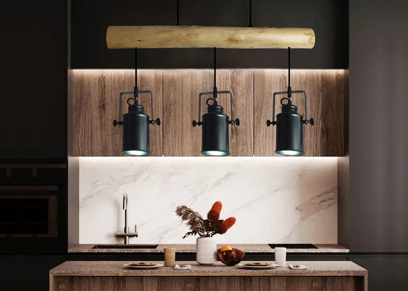 Lampe à suspension design vintage industriel bois massif métal noir 3 abat-jour spot 04_0004050