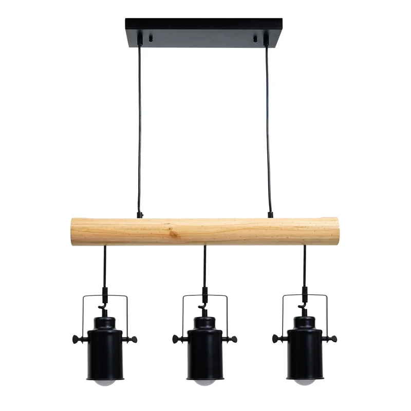 Lampe à suspension design vintage industriel bois massif métal noir 3 abat-jour spot 04_0004050