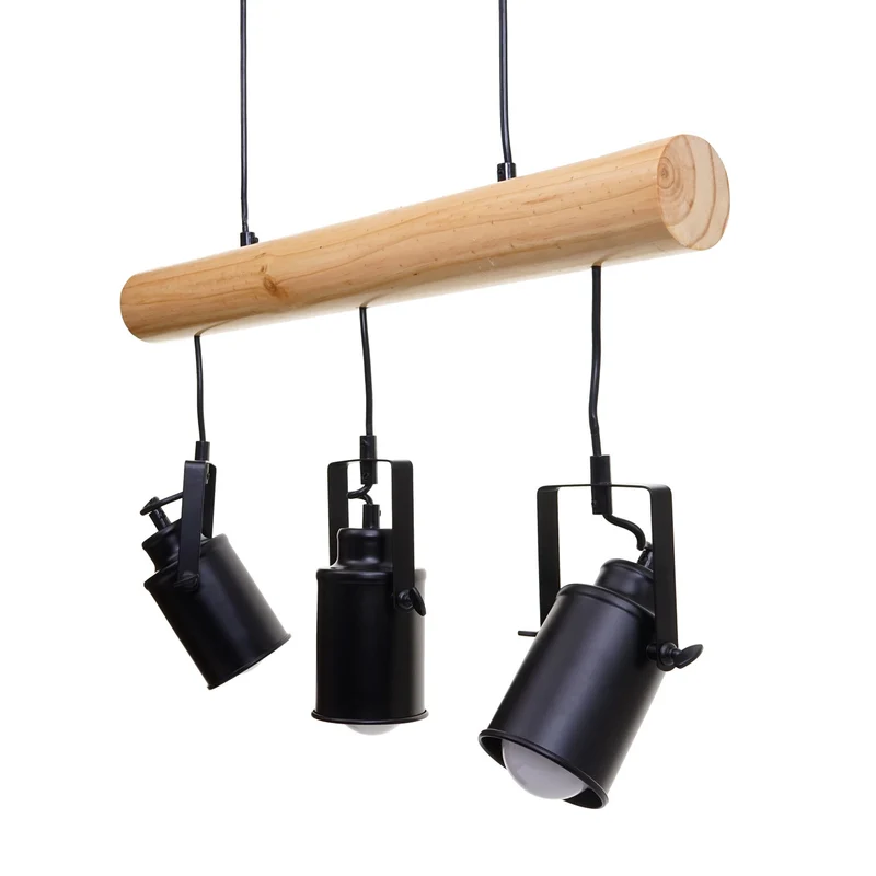 Lampe à suspension design vintage industriel bois massif métal noir 3 abat-jour spot 04_0004050