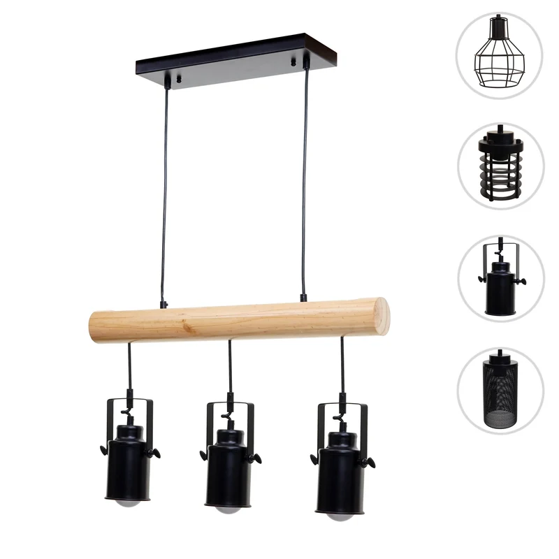 Lampe à suspension design vintage industriel bois massif métal noir 3 abat-jour spot 04_0004050