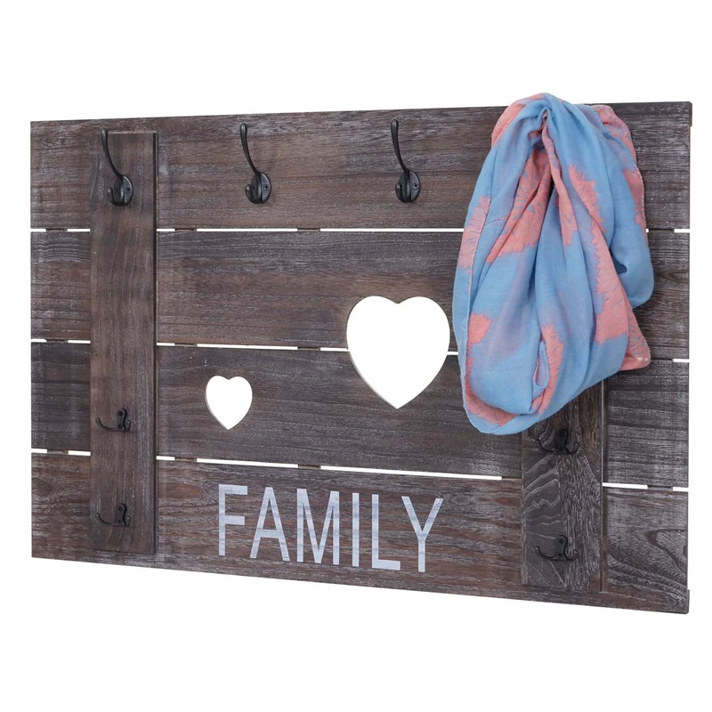 Porte-manteau mural Family panneau mural style vintage avec 8 crochets 60x90cm en bois marron 04_0001005