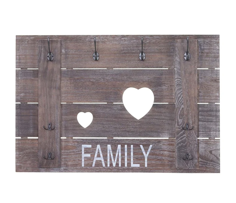 Porte-manteau mural Family panneau mural style vintage avec 8 crochets 60x90cm en bois marron 04_0001005