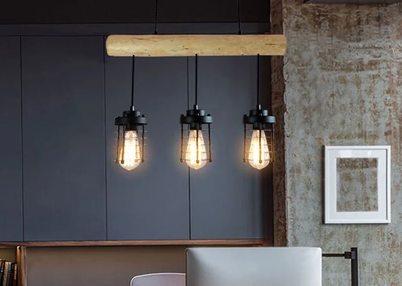 Suspension lampe suspendue suspension design industriel vintage bois massif métal noir 3 abat-jour 04_0004049