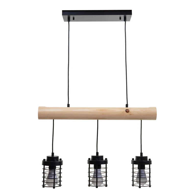 Suspension lampe suspendue suspension design industriel vintage bois massif métal noir 3 abat-jour 04_0004049