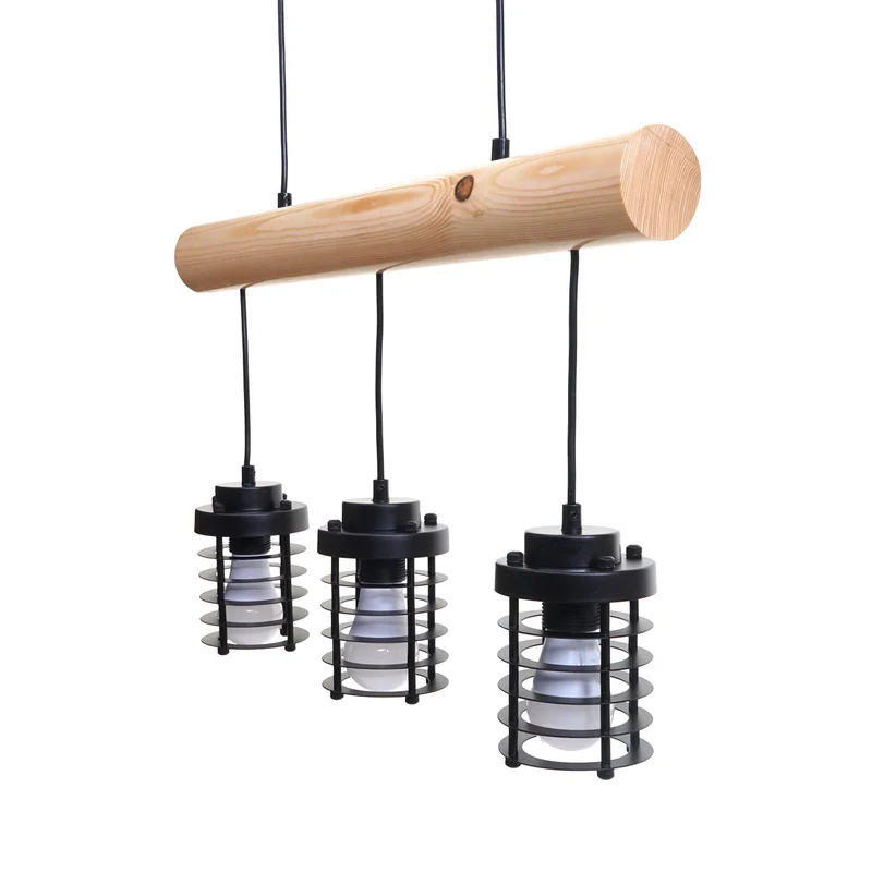 Suspension lampe suspendue suspension design industriel vintage bois massif métal noir 3 abat-jour 04_0004049
