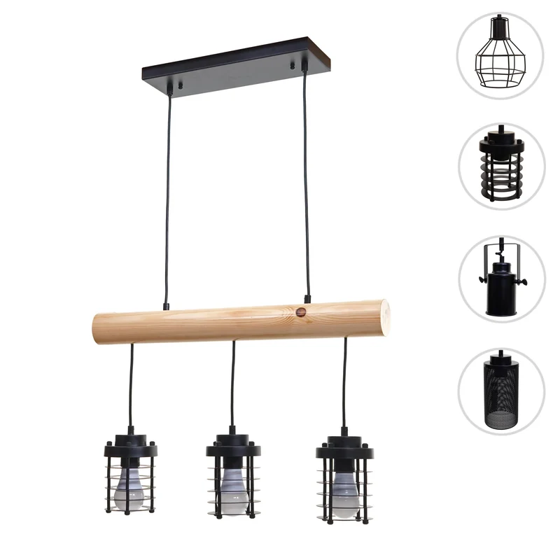 Suspension lampe suspendue suspension design industriel vintage bois massif métal noir 3 abat-jour 04_0004049