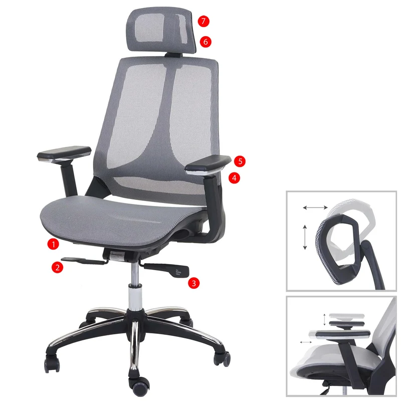Fauteuil de bureau avec accoudoirs et appui-tête fonction bascule en tissu gris 04_0001791