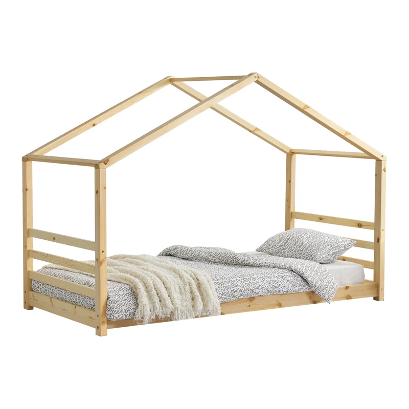 Lit pour enfant cabane maison avec sommier à lattes bois de pin naturel 90 x 200 cm 03_0005500