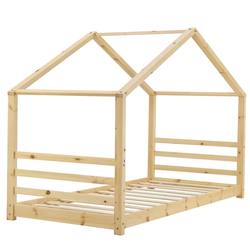 Lit pour enfant cabane maison avec sommier à lattes bois de pin naturel 90 x 200 cm 03_0005500