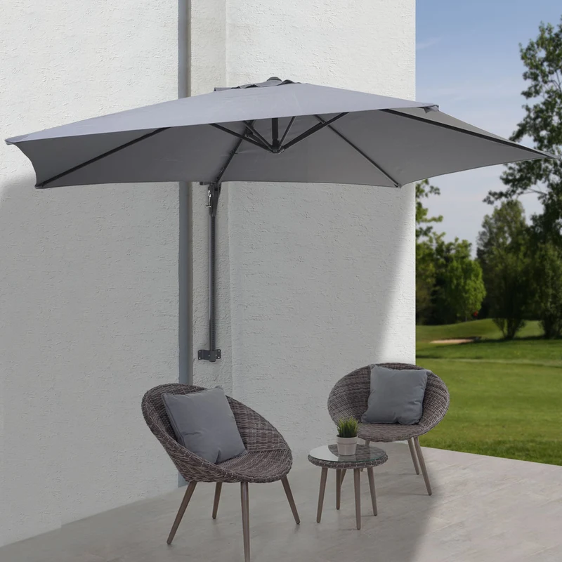 Parasol mural pour balcon terrasse avec mât inclinable 3m polyester aluminium/acier 9kg couleur gris 04_0005636