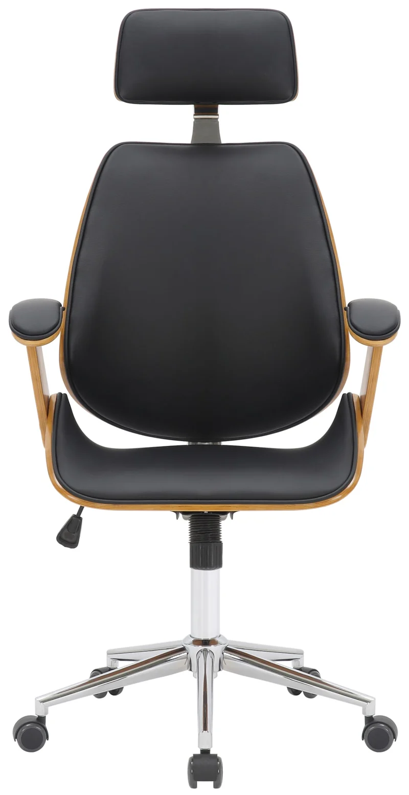 Fauteuil de bureau sur roulettes en bois courbé et synthétique noir hauteur réglable et pivotant BUR10659