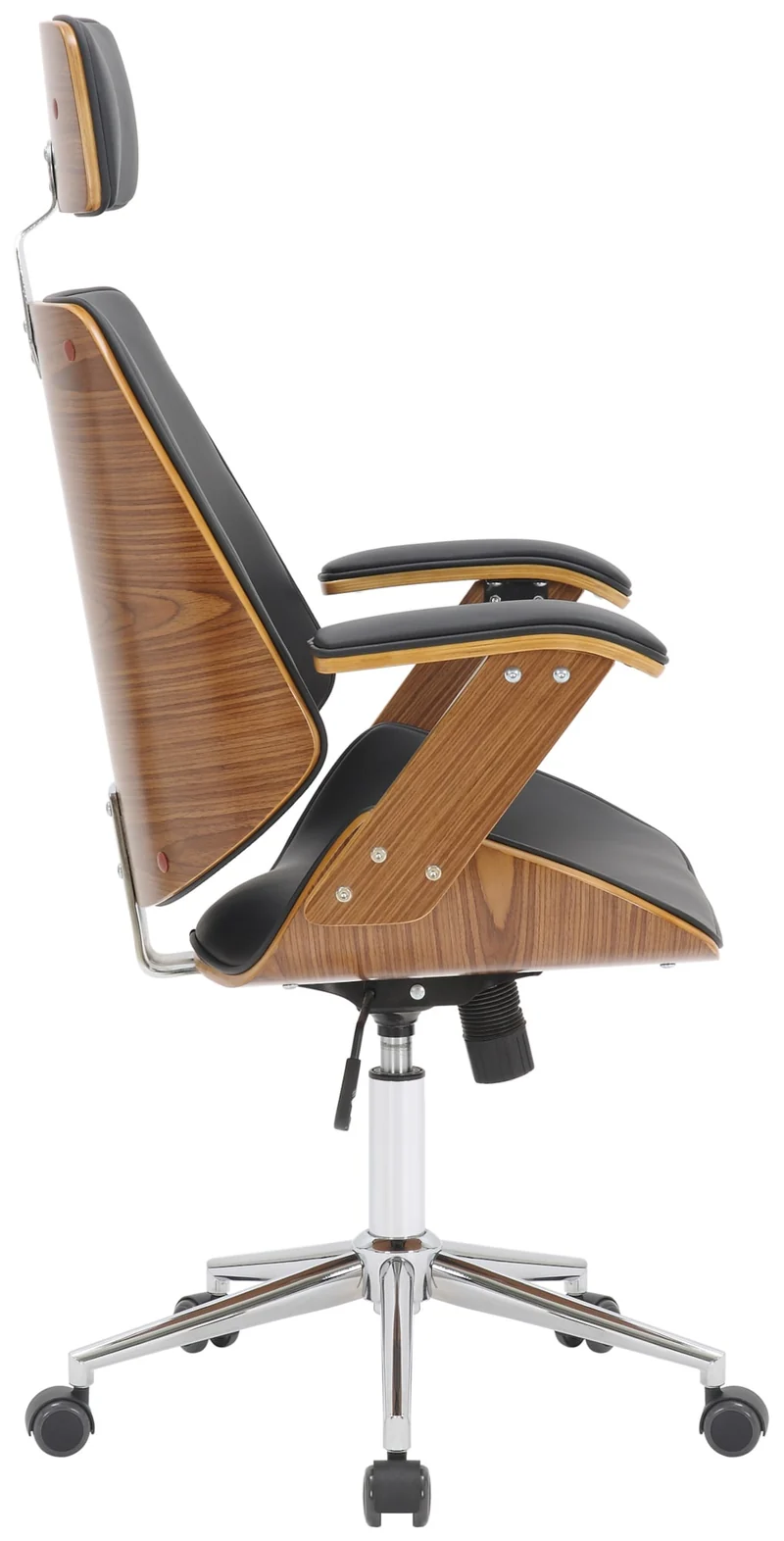 Fauteuil de bureau sur roulettes en bois courbé et synthétique noir hauteur réglable et pivotant BUR10659