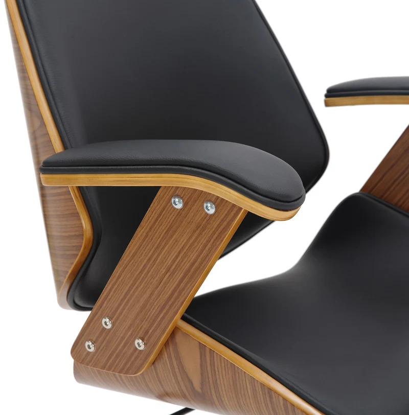 Fauteuil de bureau sur roulettes en bois courbé et synthétique noir hauteur réglable et pivotant BUR10659