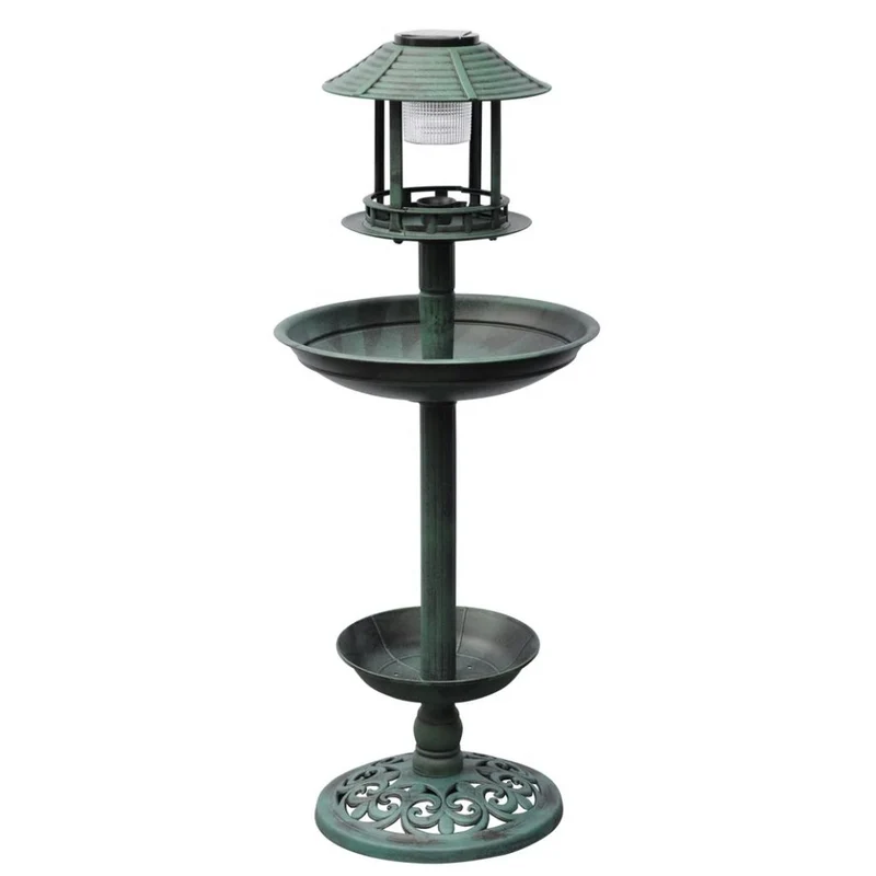 Baignoire mangeoire fontaine bain d'oiseaux verte avec lampe solaire 39x39x97 cm DEC020796